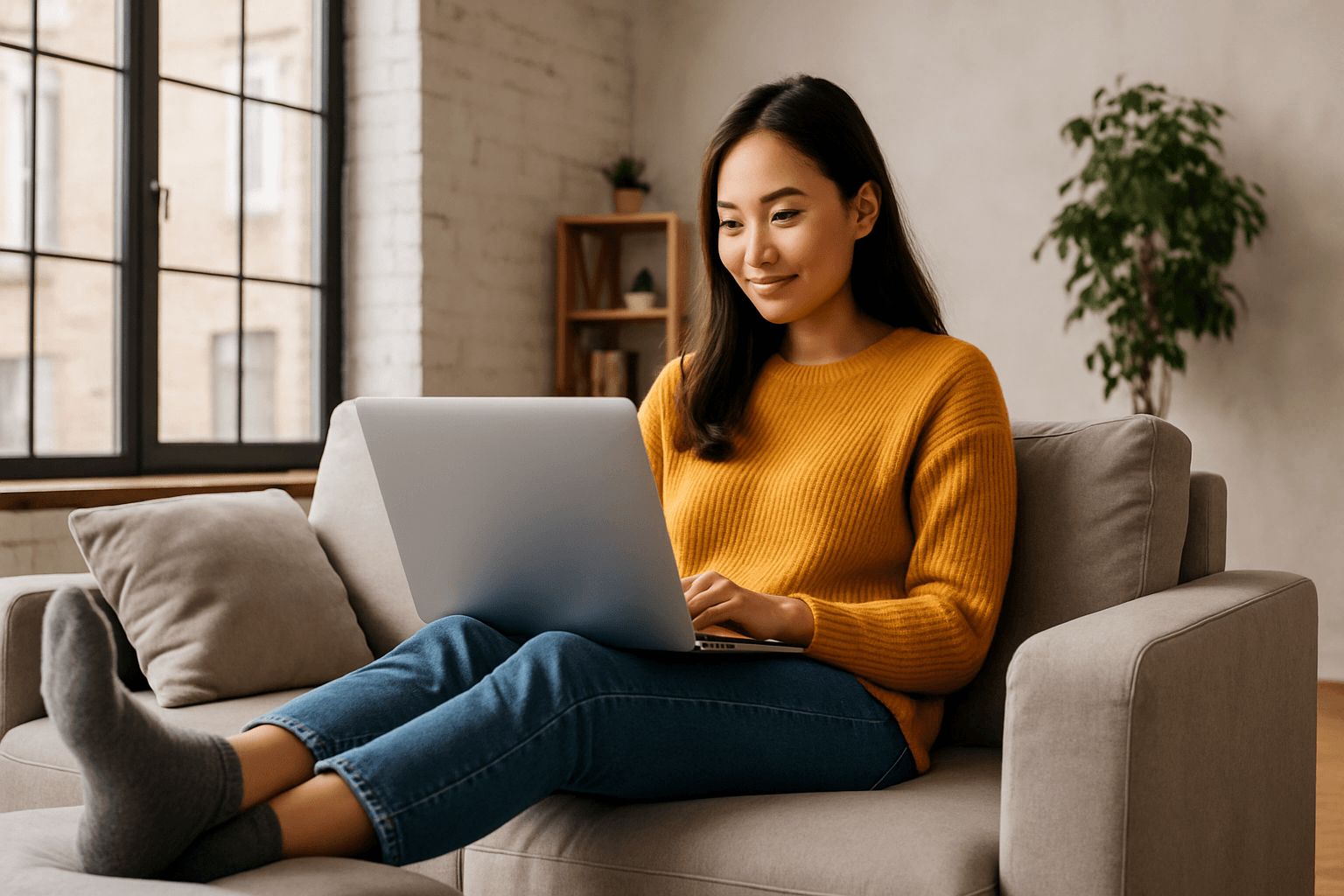 Person comfortably voting from home on their laptop in a bright modern living room