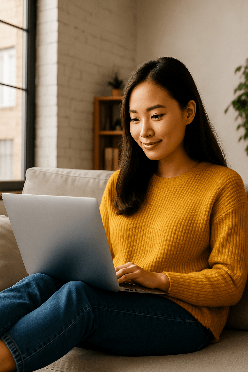 Person comfortably voting from home on their laptop in a bright modern living room